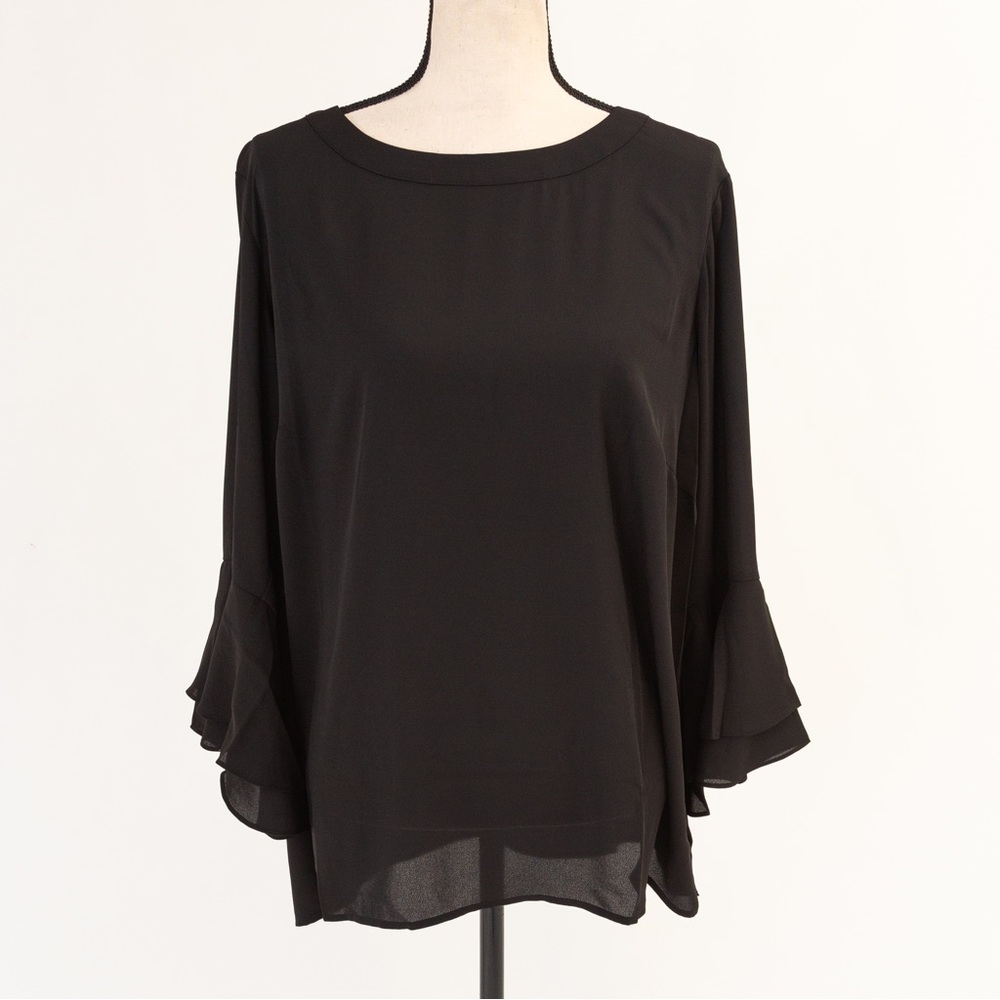 Joan rivers sheer flowy feminine blouse with trumpet 3/4 sleeves 20W black plus